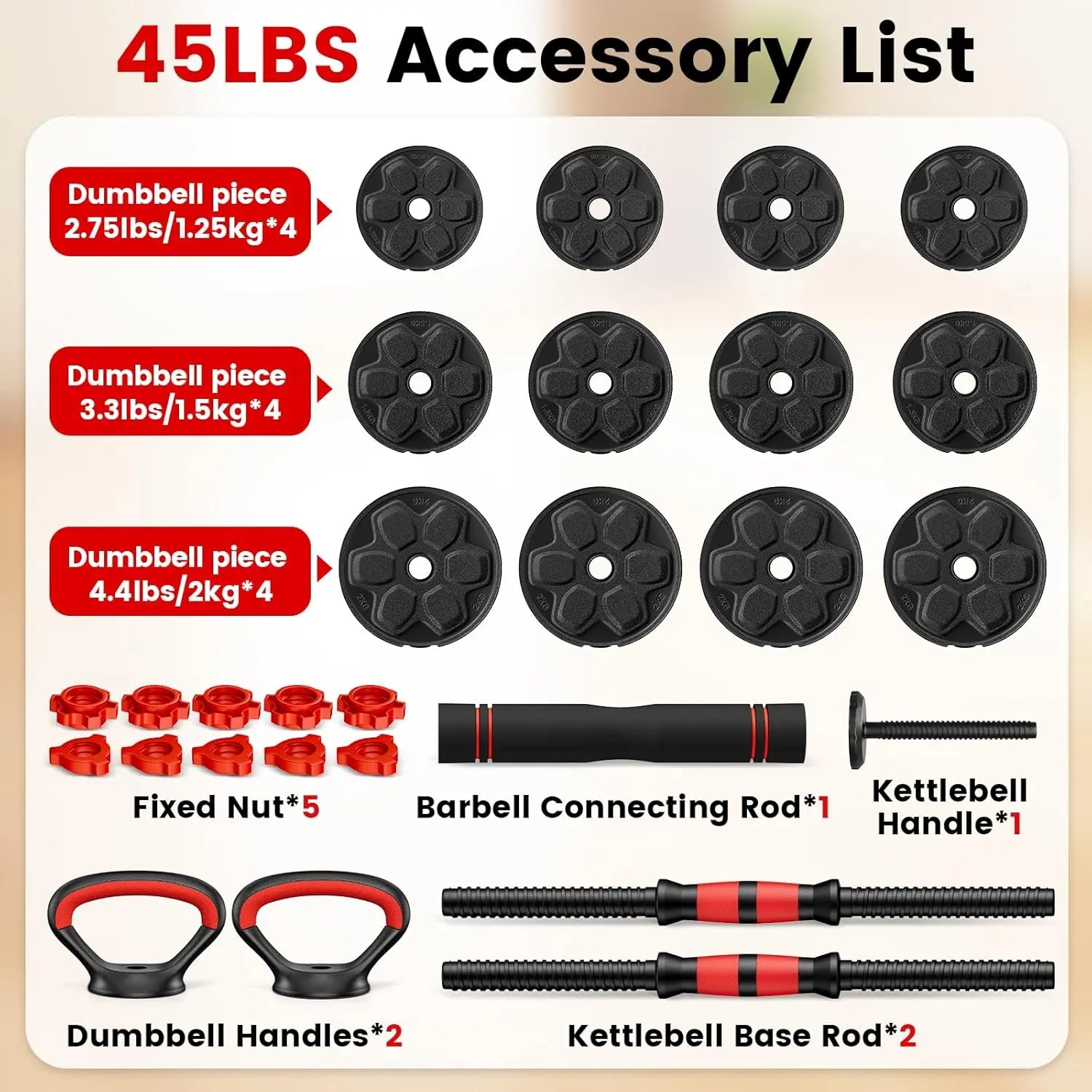 Adjustable Dumbbell Set, 20/33/45/70/90Lbs Free Weight Set with Connector, 4 In1 Dumbbells Set as Barbell, Kettlebells, Push up Stand, Weight Set for Gym Suitable Men/Women