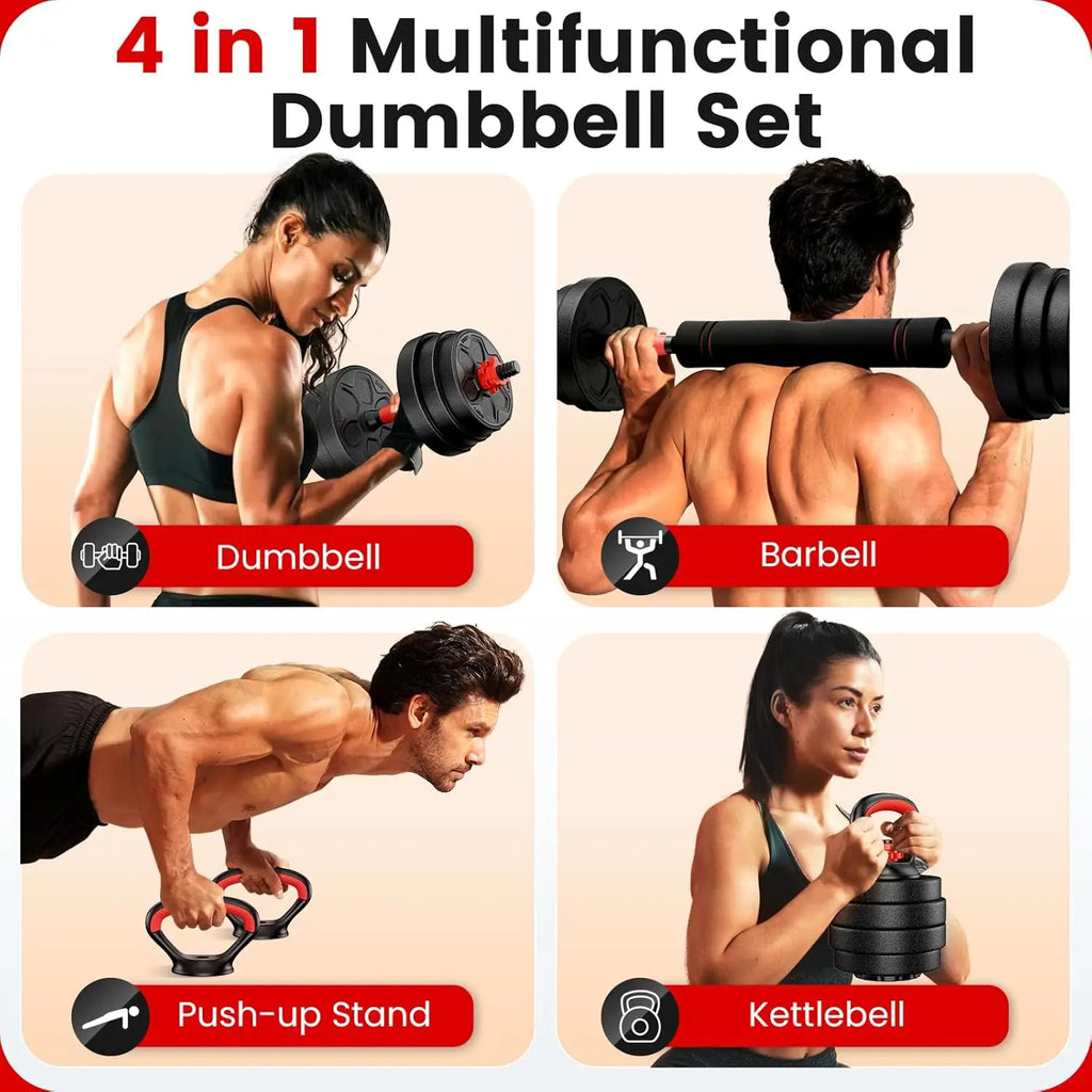 Adjustable Dumbbell Set, 20/33/45/70/90Lbs Free Weight Set with Connector, 4 In1 Dumbbells Set as Barbell, Kettlebells, Push up Stand, Weight Set for Gym Suitable Men/Women